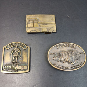 Lot Of 3 Vintage Belt Buckles, EUC France Compressor Products Captain Morgan